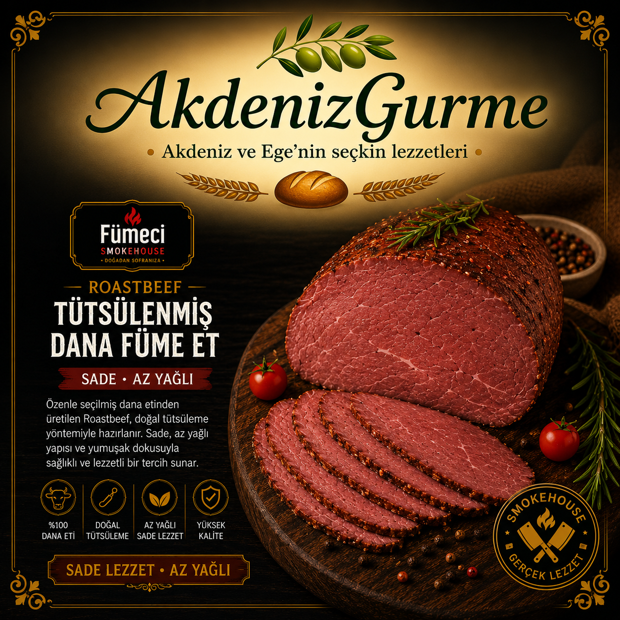 Roastbeef Tütsülenmiş Dana Füme Et Sade Az Yağlı 250 g e