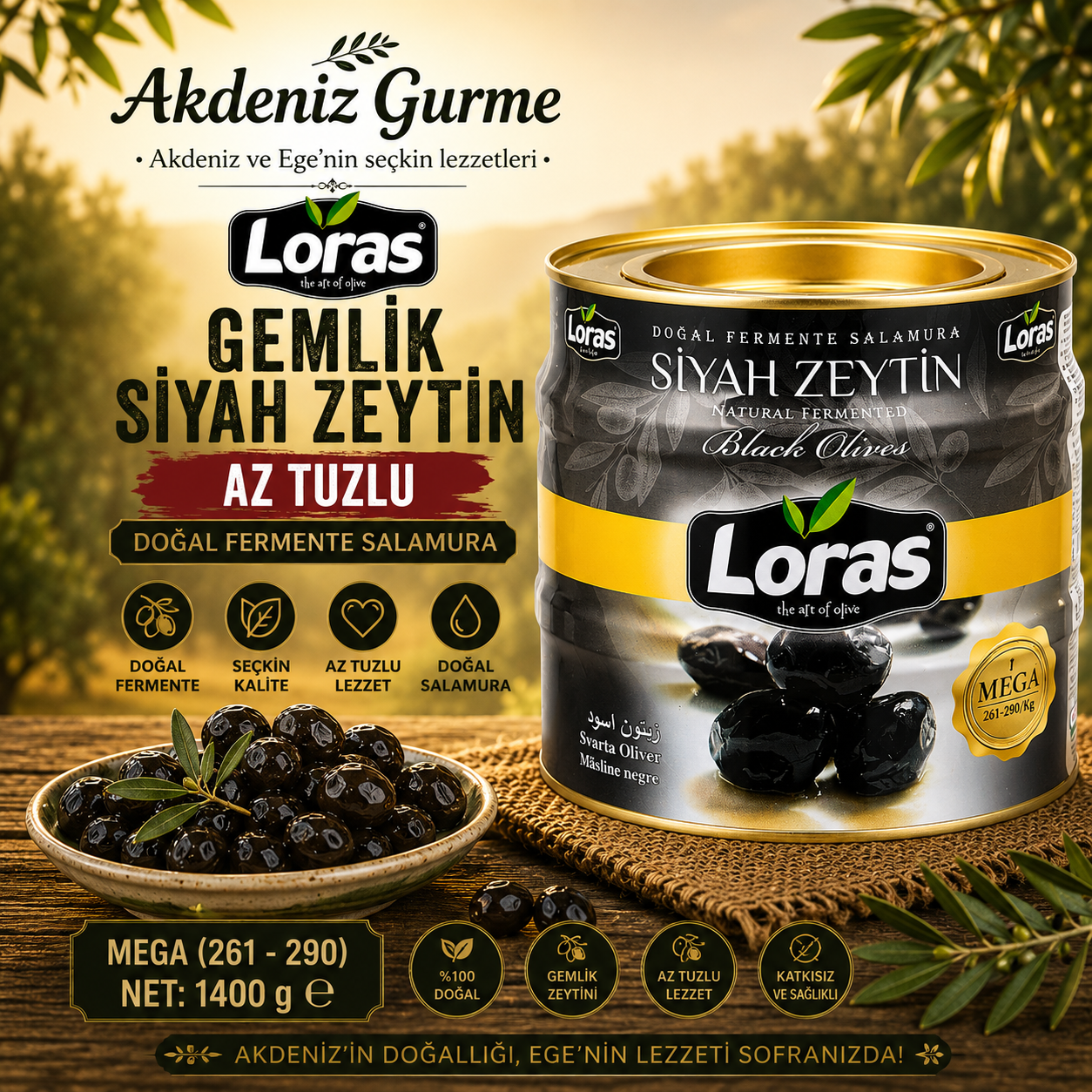LORAS GEMLİK SİYAH ZEYTİN TENEKE MEGA 1.400 Gr (261 - 290)