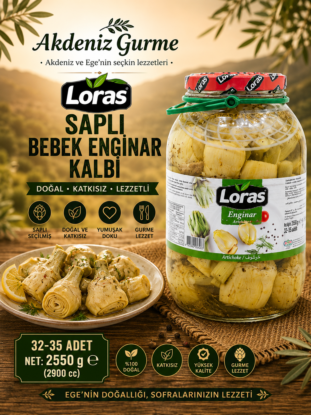 Loras İtalyan Tipi Saplı Bebek Enginar kalbi 32-35 Adet 2550 gr (2900 cc)