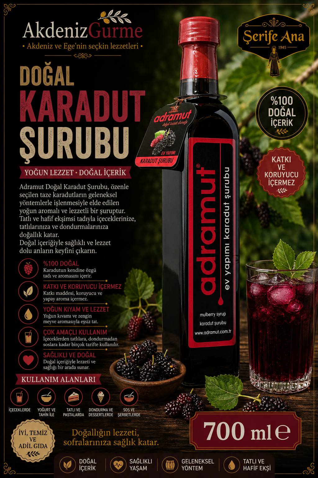 Adramut Doğal Karadut Şurubu 700 ml e