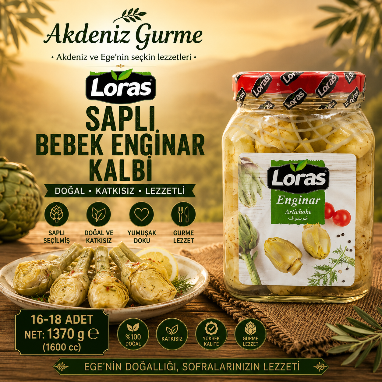 Loras İtalyan Tipi Saplı Bebek Enginar kalbi 16-18 Adet 1370 gr (1600 cc)