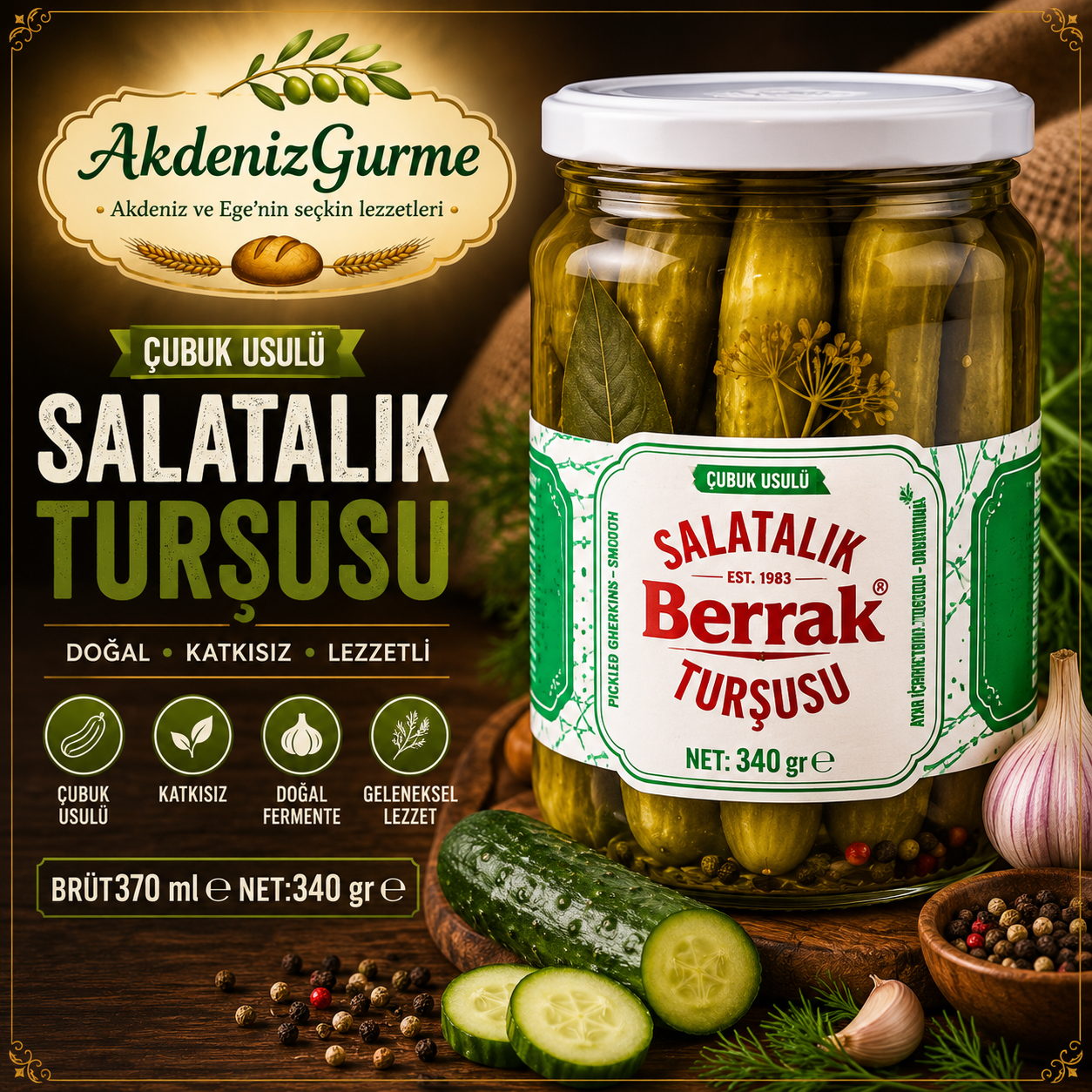 Berrak Çubuk Usulü Kornişon Salatalık Turşusu  No:1  370 ml