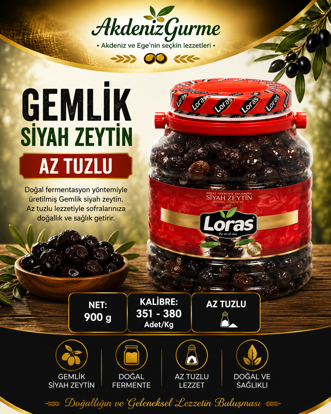 LORAS GEMLİK SİYAH ZEYTİN PET ÖZEL 900 Gr (351 - 380)