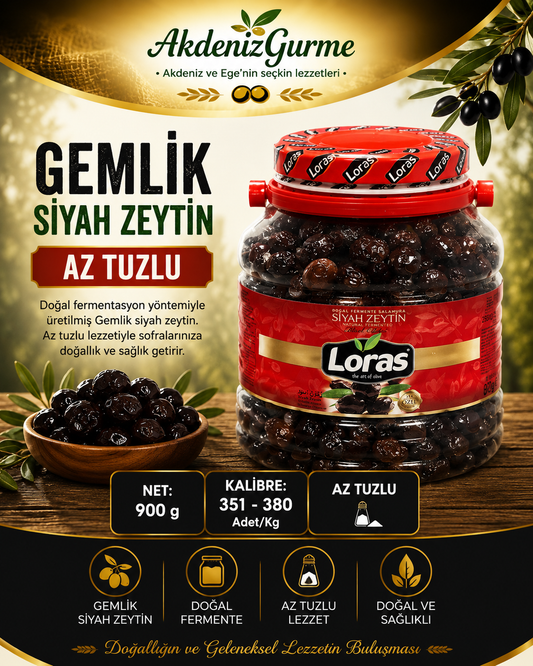 LORAS GEMLİK SİYAH ZEYTİN PET ÖZEL 900 Gr (351 - 380)