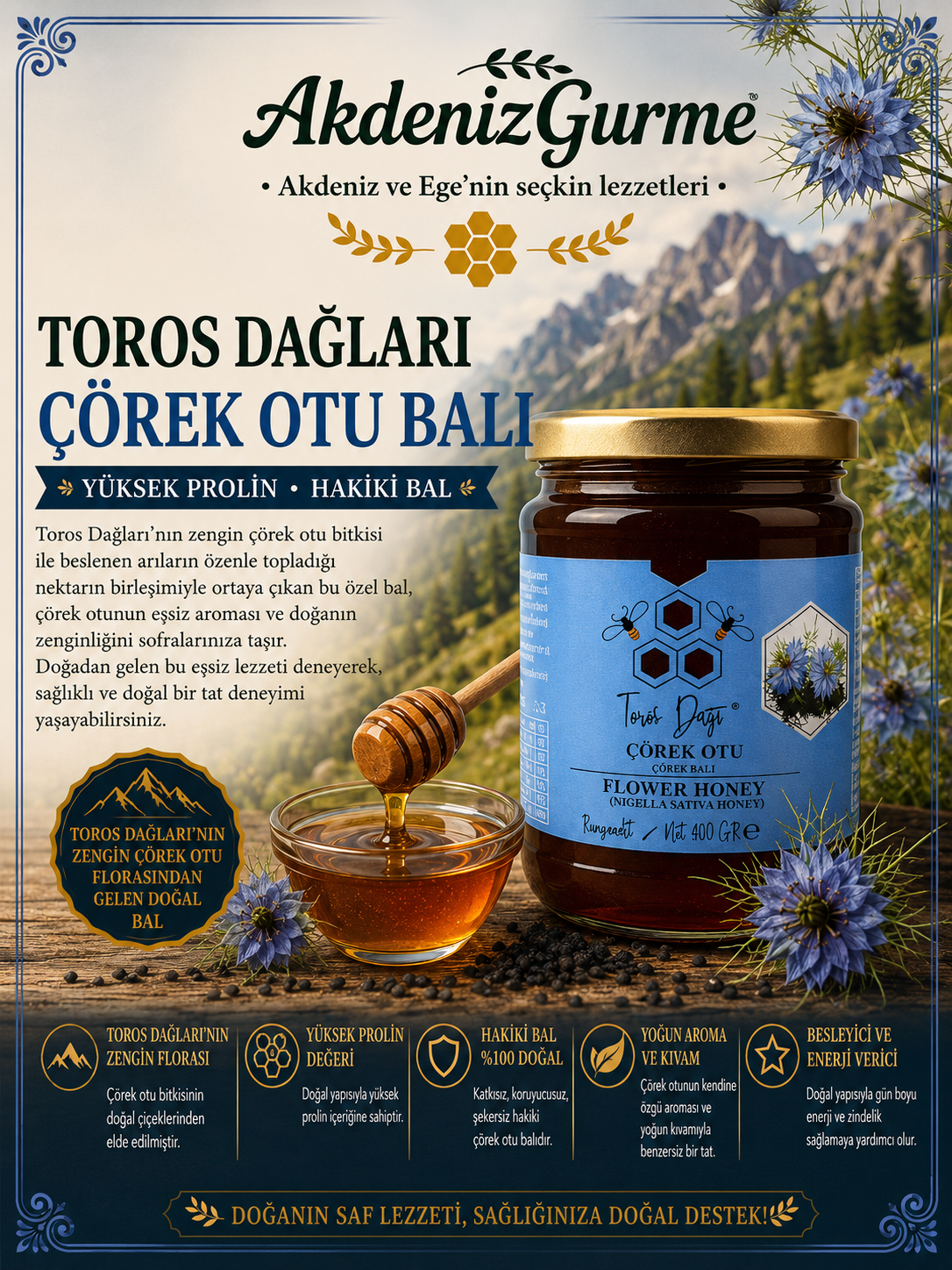 Toros Dağları Çörek Otu Balı Yüksek Prolin Hakiki Bal 860 g