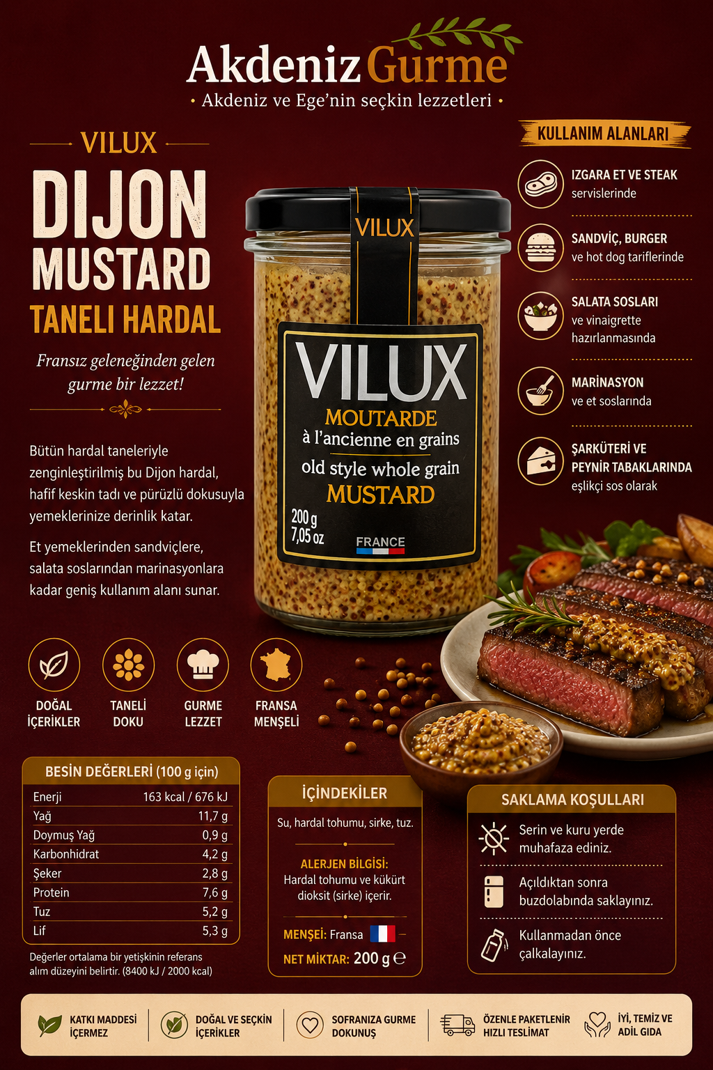 Vilux Dijon Mustard Taneli Hardal 200 g
