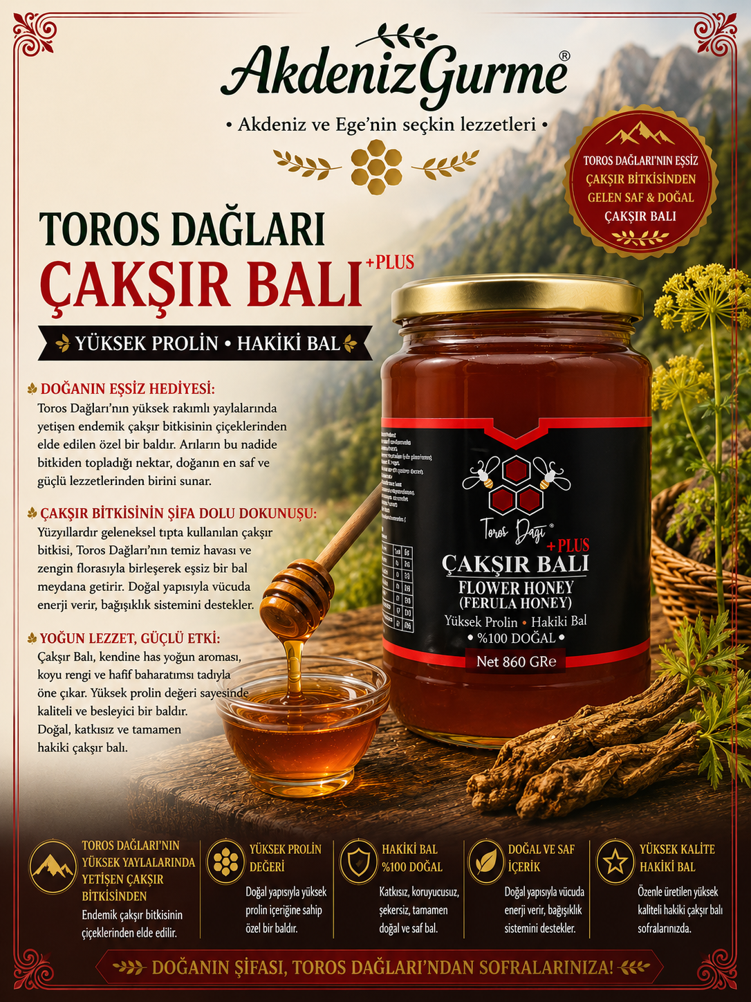 Toros Dağları Çakşır Balı Yüksek Prolinli Hakiki Bal 860 g e