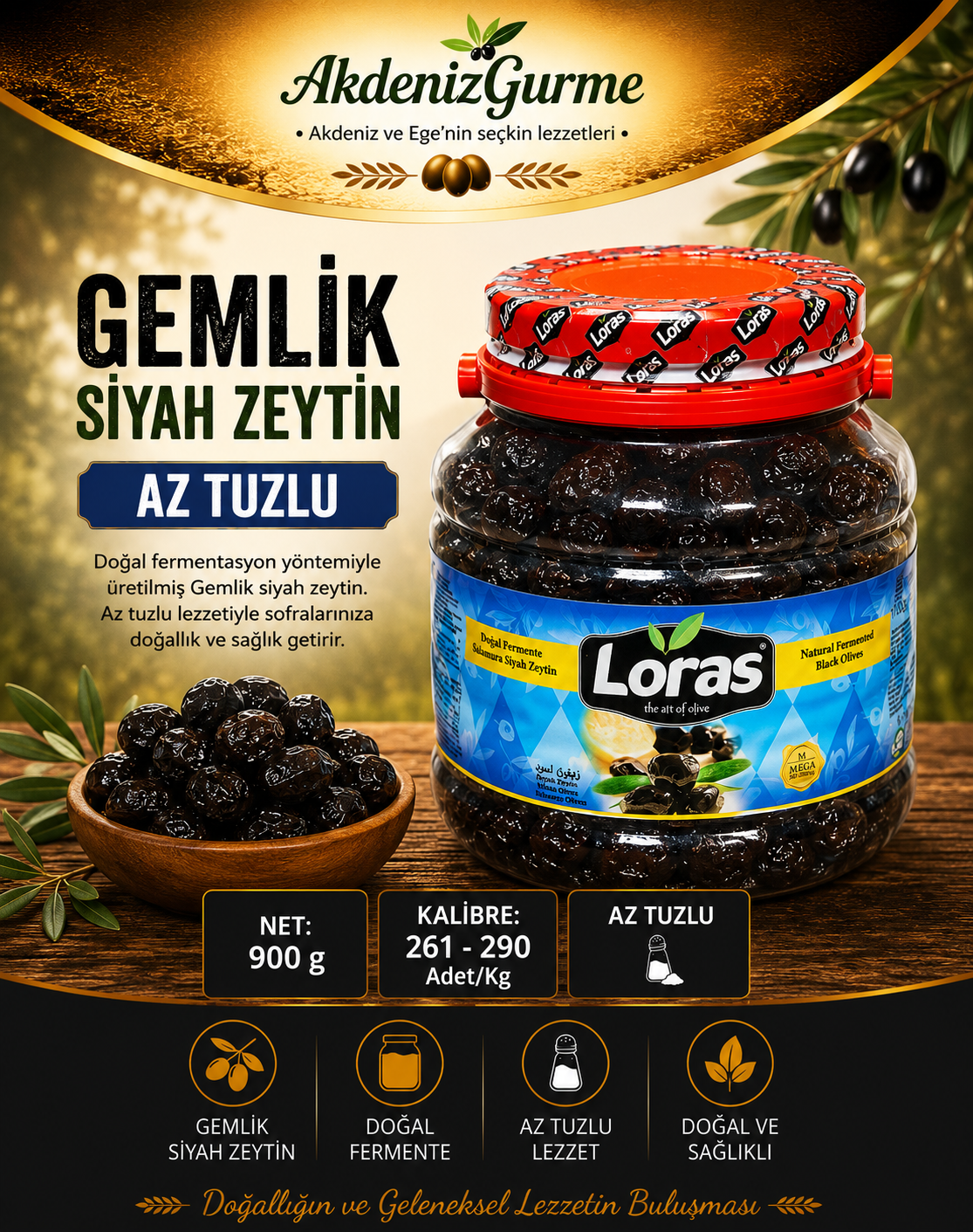 LORAS GEMLİK SİYAH ZEYTİN PET MEGA 900 Gr (261 - 290)