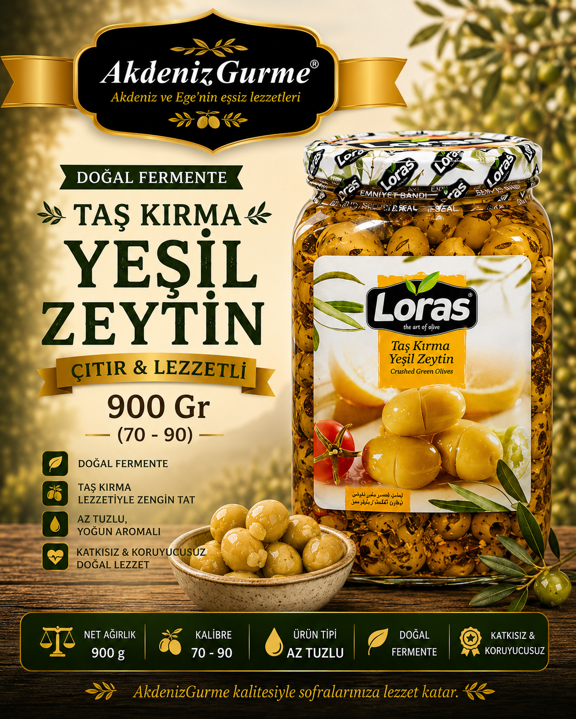 LORAS KIRMA KALAMATA YEŞİL ZEYTİN CAM 900 Gr (70 - 90)