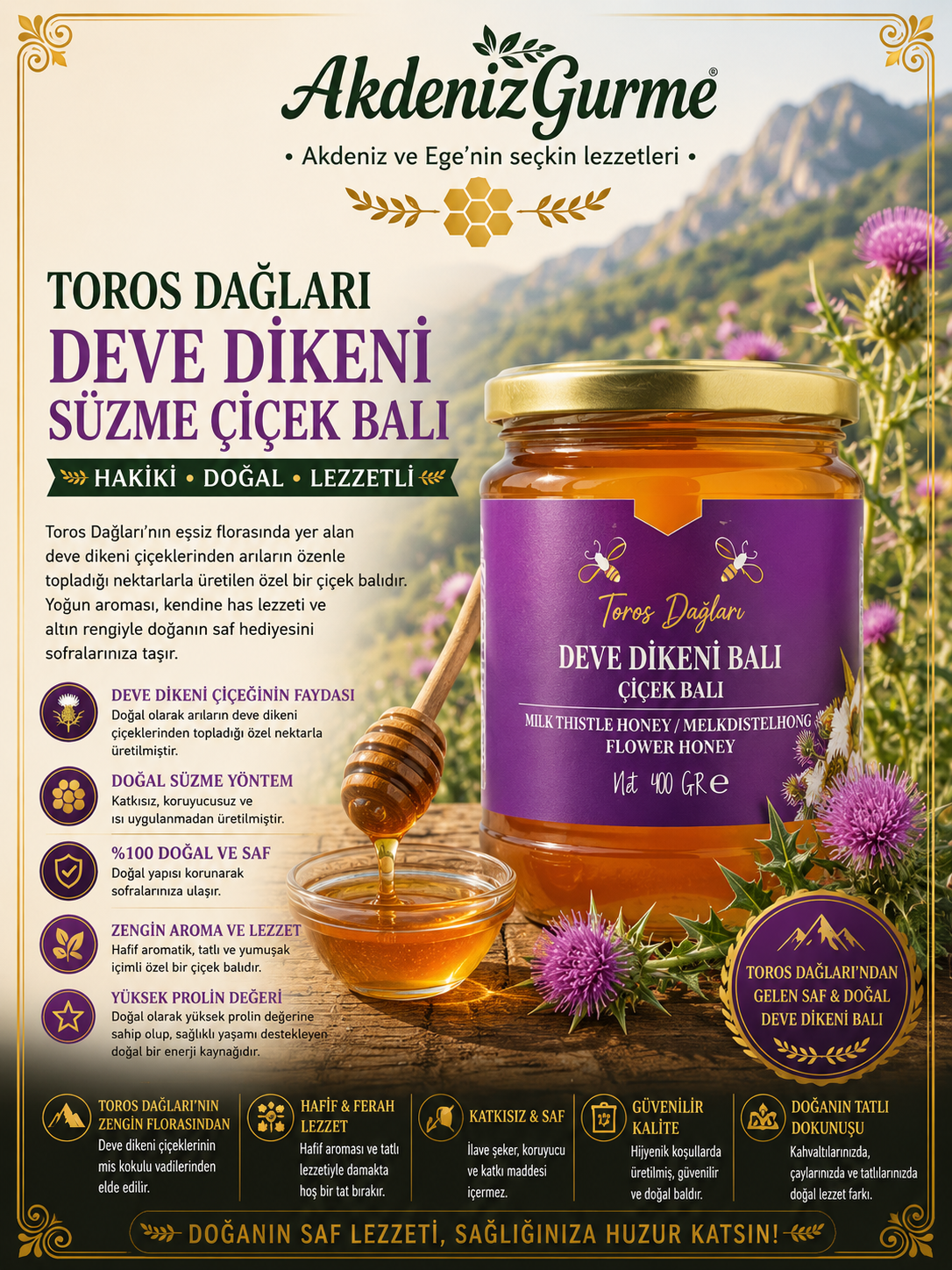 Toros Dağları Deve Dikeni Balı Süzme Çiçek Balı 400 g e