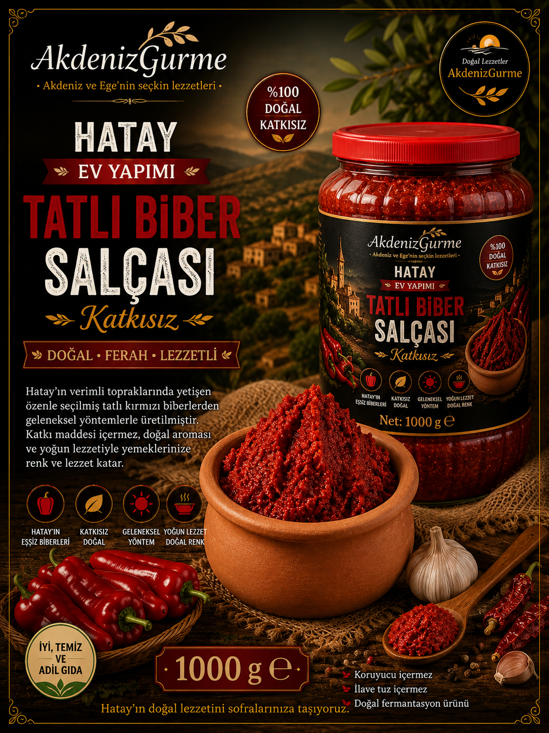 Hatay Ev Yapımı Tatlı Biber Salçası 1000 g e