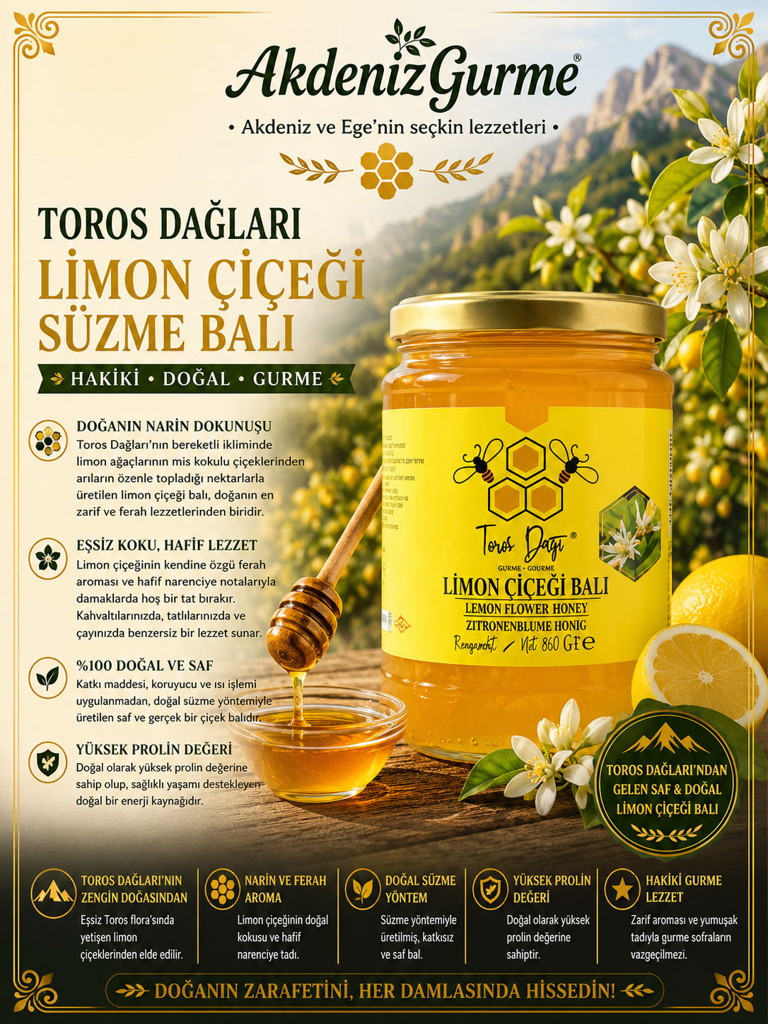 Toros Dağları Limon Çiçeği Süzme Balı Gurme 400 g e