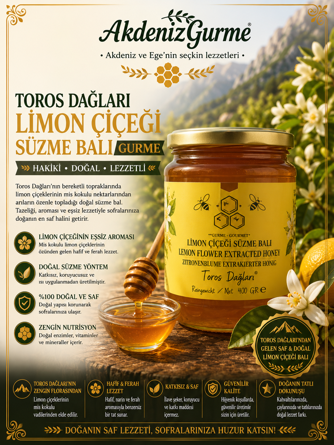 Toros Dağları Limon Çiçeği Süzme Balı Gurme 860 g e