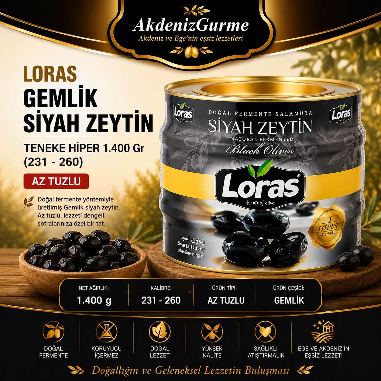 LORAS GEMLİK SİYAH ZEYTİN TENEKE HİPER 1.400 Gr (231 - 260)