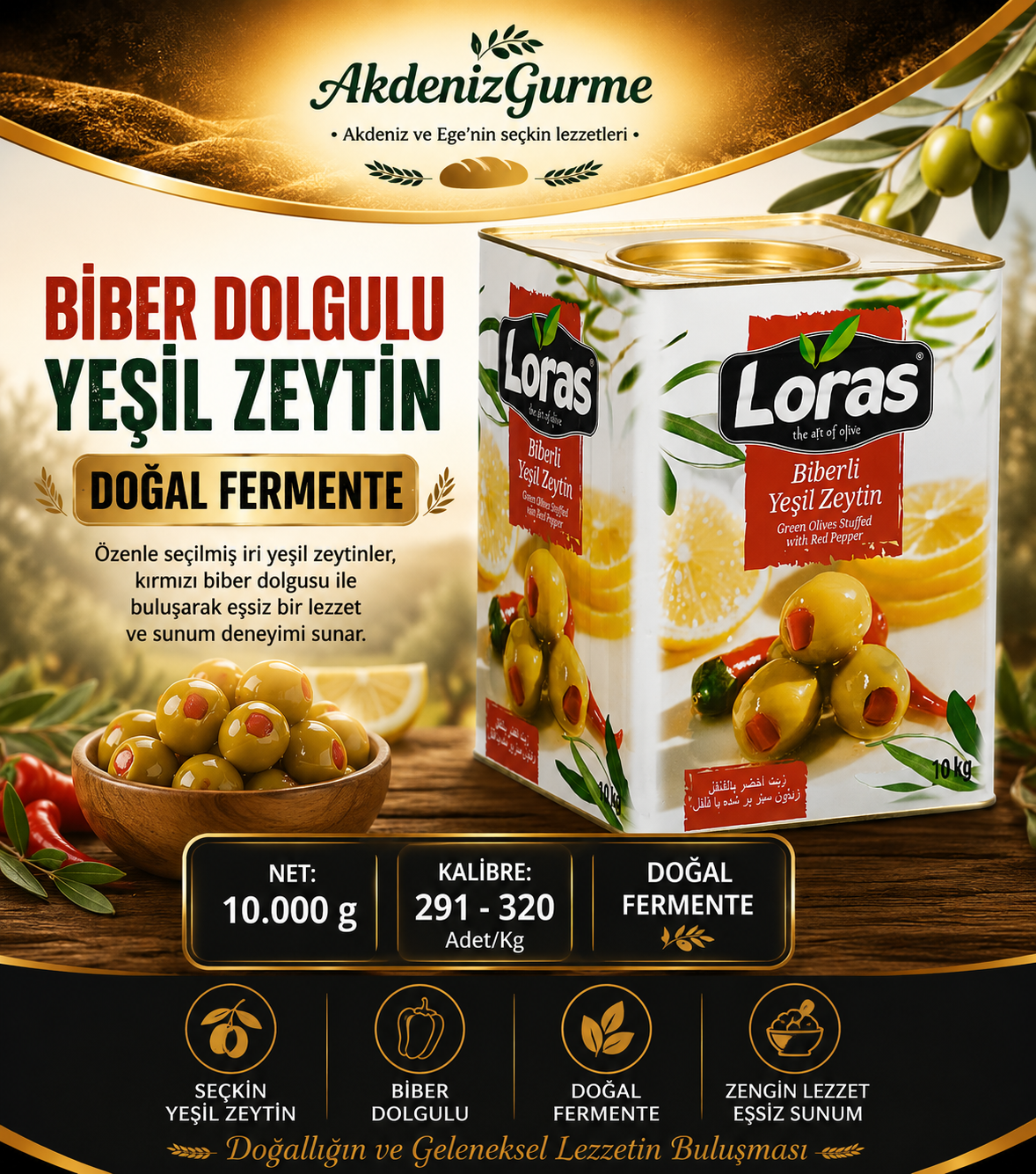 LORAS BİBER DOLGULU YEŞİL ZEYTİN TENEKE 10.000 Gr (291-320)