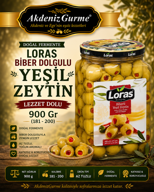 LORAS BİBER DOLGULU YEŞİL ZEYTİN CAM 900 Gr (181 - 200)