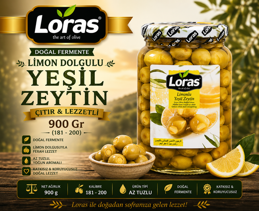 LORAS LİMON DOLGULU YEŞİL ZEYTİN CAM 900 GR (181 - 200)